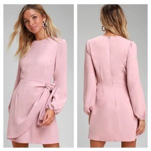 Lulu's Believe It or Knot Rose Pink Long Sleeve Tie-Front Skater Dress